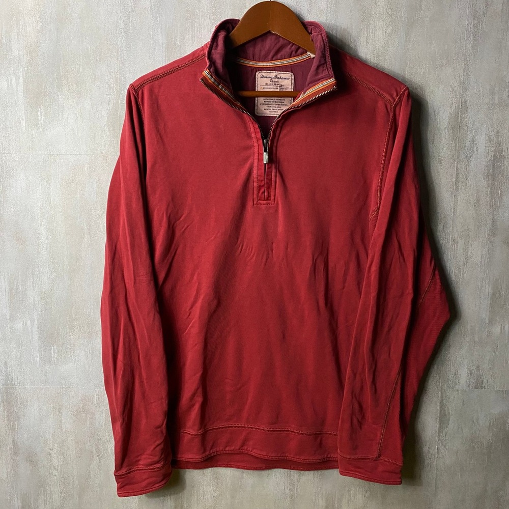 Vintage y2k 2000s Tommy Bahama Mens Small Red Quarter Zip Pullover Cotton S